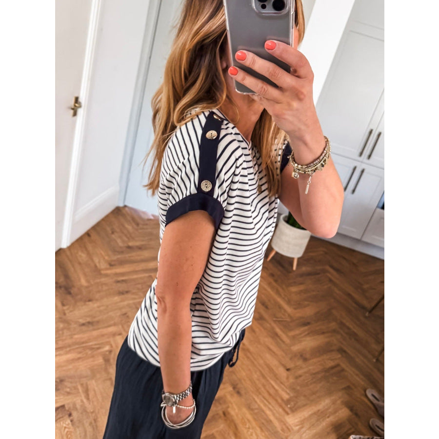 Stripe Cuffed Sleeve Button Decor Loose Tee Apparel and Accessories