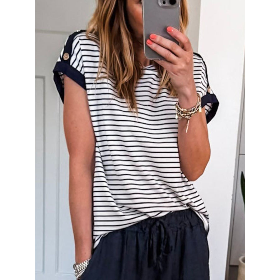 Stripe Cuffed Sleeve Button Decor Loose Tee Apparel and Accessories