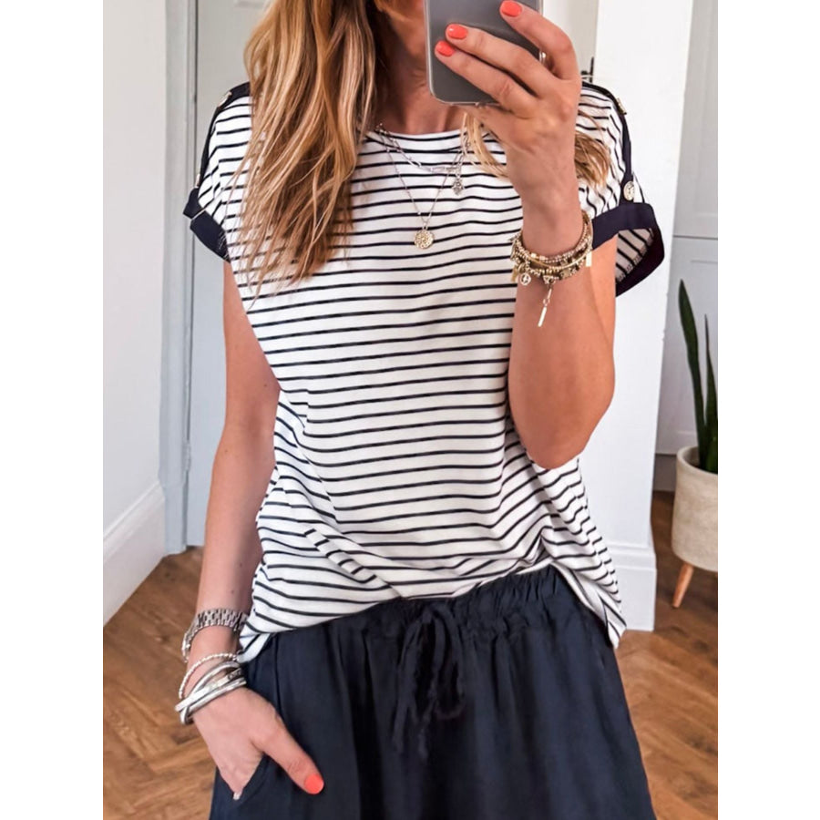 Stripe Cuffed Sleeve Button Decor Loose Tee Black / S Apparel and Accessories