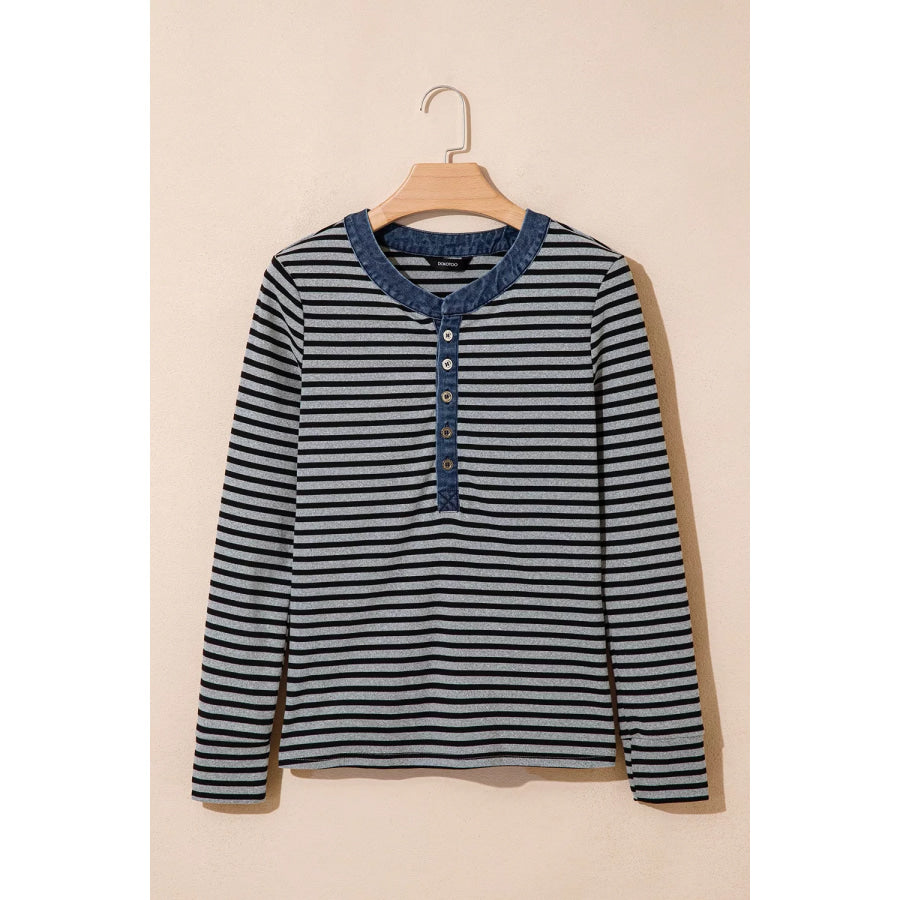 Stripe Denim Contrast Collar Half Button Long Sleeve Top Apparel and Accessories