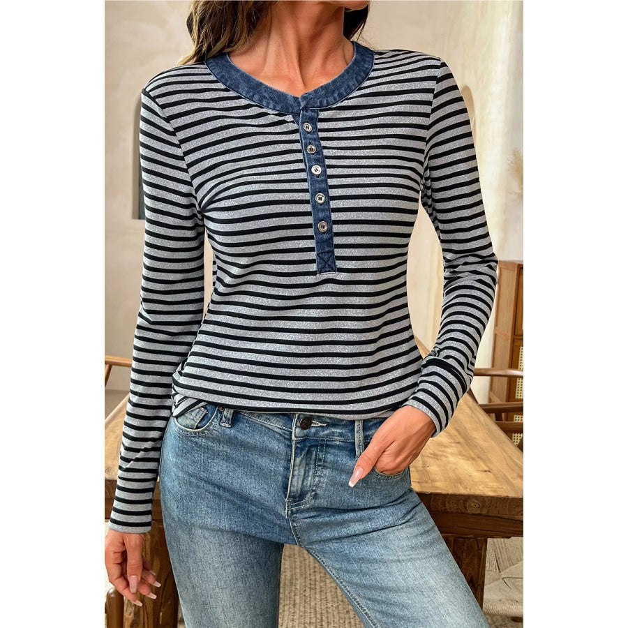 Stripe Denim Contrast Collar Half Button Long Sleeve Top Apparel and Accessories