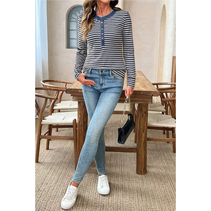 Stripe Denim Contrast Collar Half Button Long Sleeve Top Apparel and Accessories