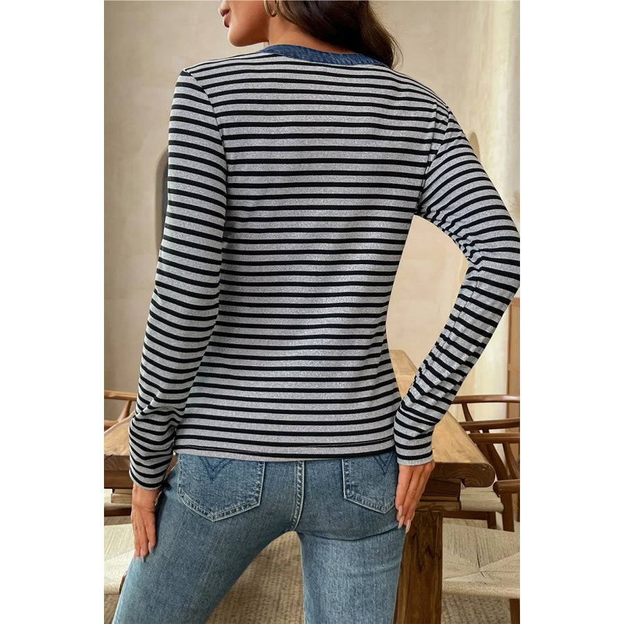 Stripe Denim Contrast Collar Half Button Long Sleeve Top Apparel and Accessories