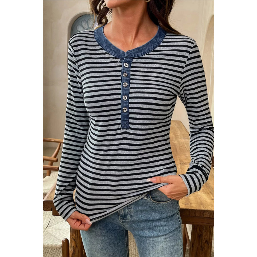Stripe Denim Contrast Collar Half Button Long Sleeve Top Apparel and Accessories
