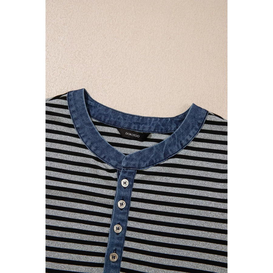 Stripe Denim Contrast Collar Half Button Long Sleeve Top Apparel and Accessories