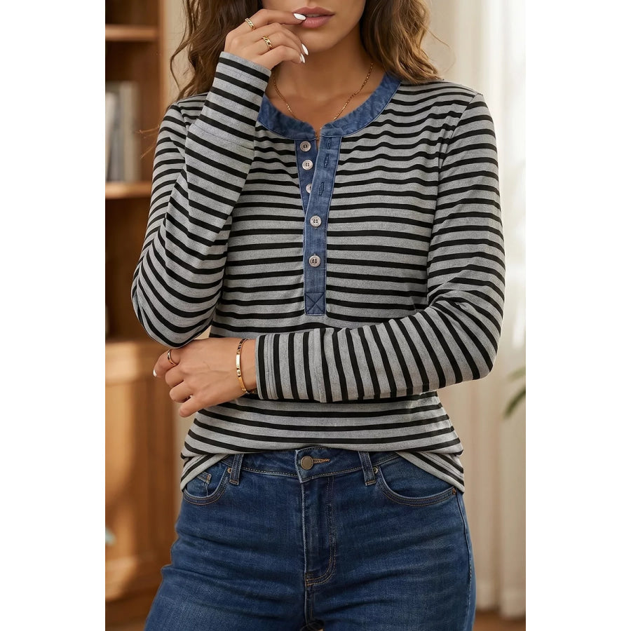 Stripe Denim Contrast Collar Half Button Long Sleeve Top Apparel and Accessories