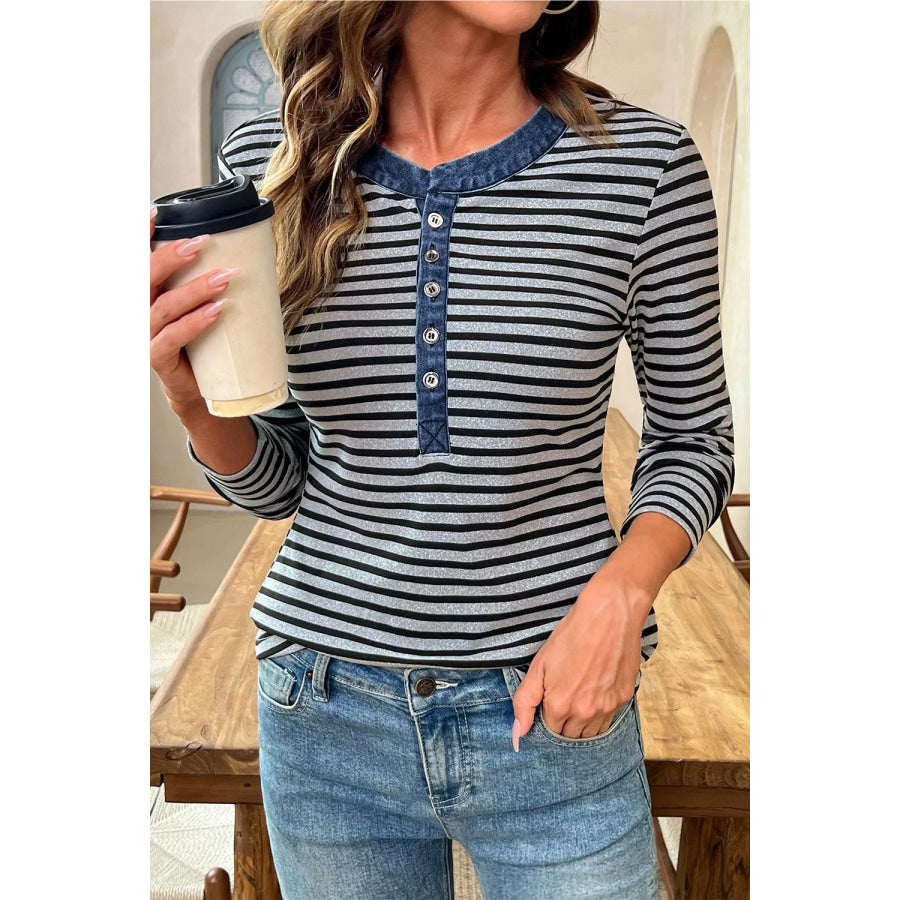 Stripe Denim Contrast Collar Half Button Long Sleeve Top Apparel and Accessories