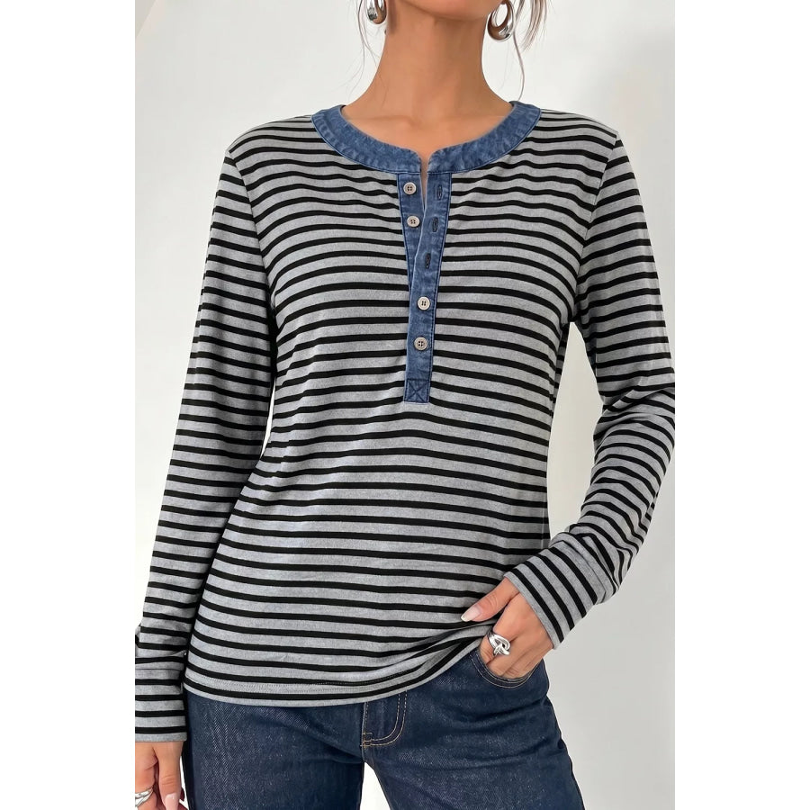 Stripe Denim Contrast Collar Half Button Long Sleeve Top Dark Gray / S Apparel and Accessories
