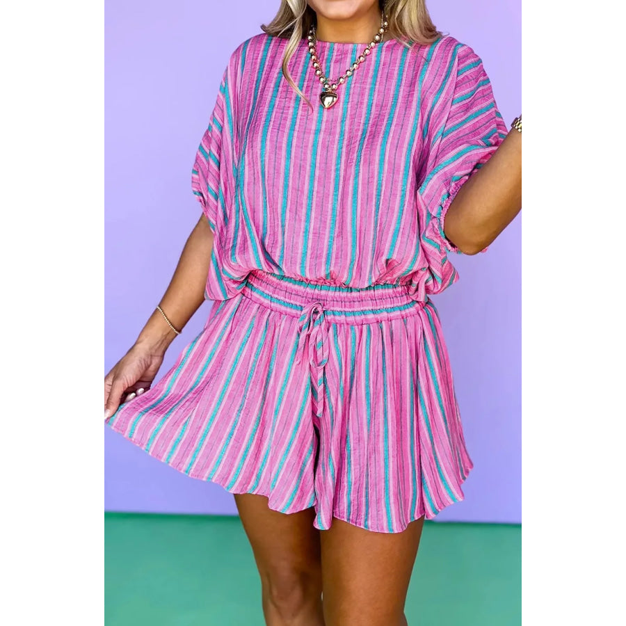 Stripe Dolman Short Sleeve Blouse Drawstring Elastic Waist Loose Short Set Apparel and Accessories