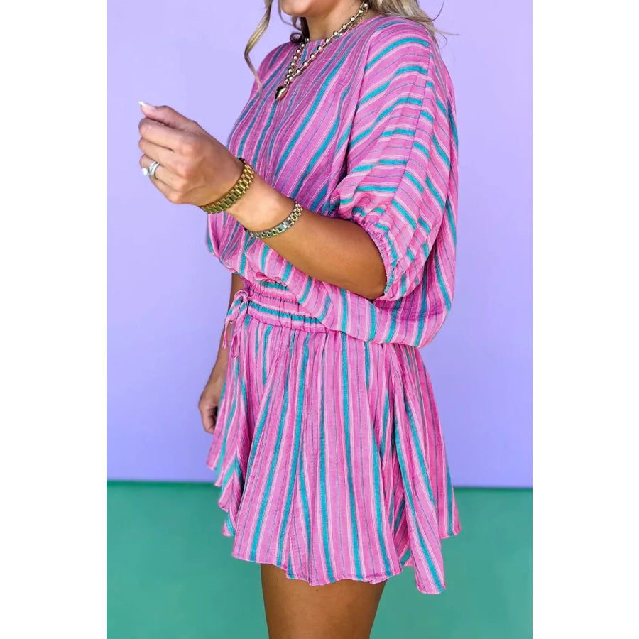 Stripe Dolman Short Sleeve Blouse Drawstring Elastic Waist Loose Short Set Apparel and Accessories
