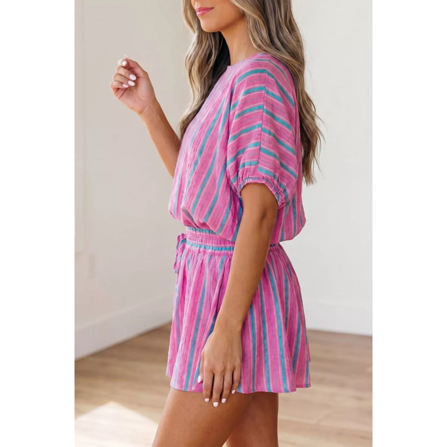 Stripe Dolman Short Sleeve Blouse Drawstring Elastic Waist Loose Short Set Apparel and Accessories