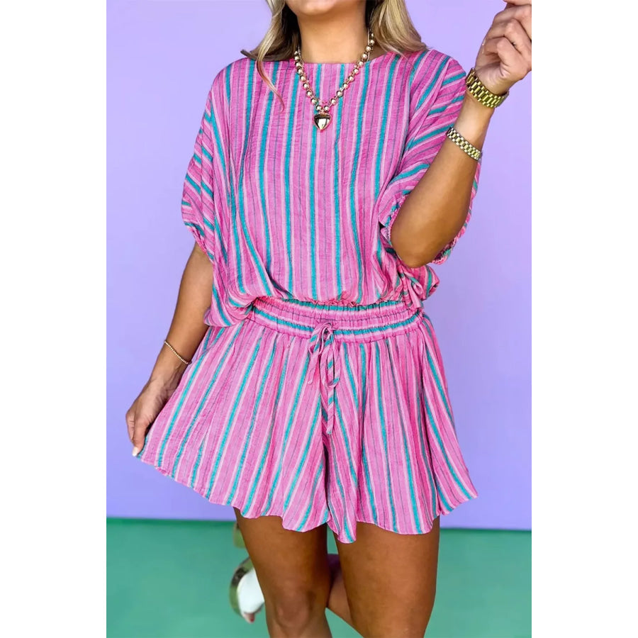 Stripe Dolman Short Sleeve Blouse Drawstring Elastic Waist Loose Short Set Fuchsia Pink / S Apparel and Accessories