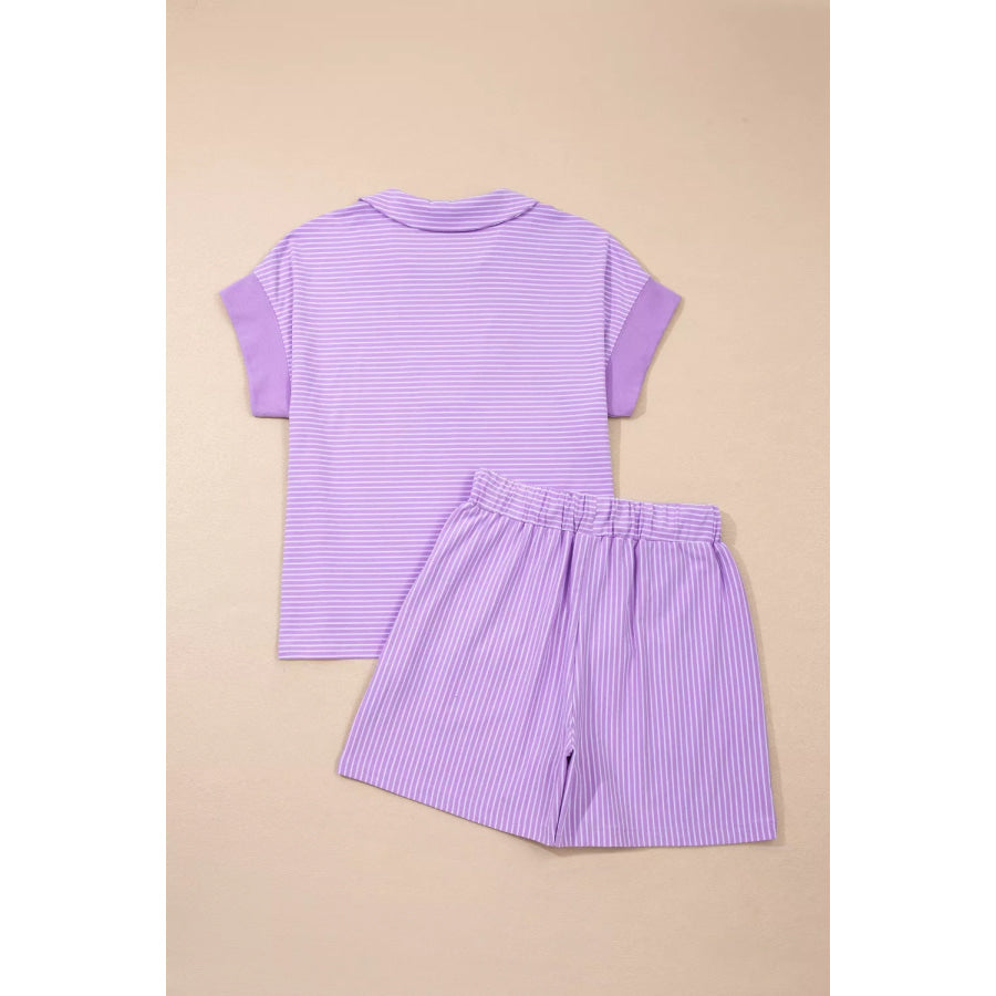 Stripe Dolman Sleeve Polo Shirt and Drawstring Shorts Set Apparel and Accessories