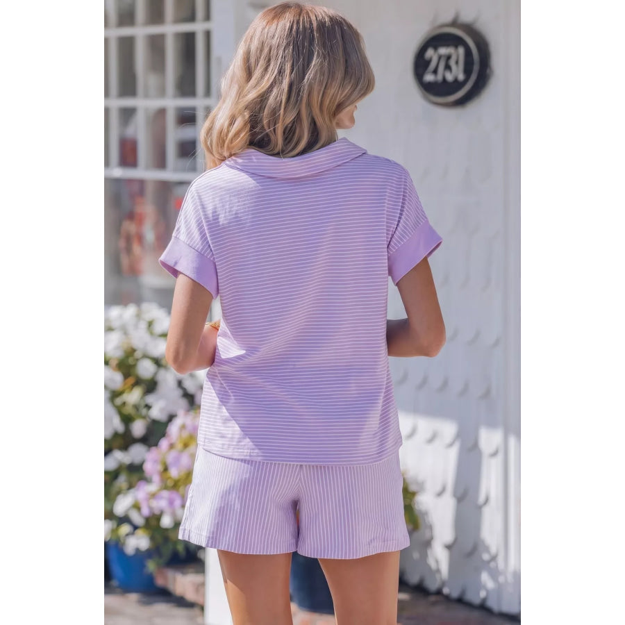 Stripe Dolman Sleeve Polo Shirt and Drawstring Shorts Set Apparel and Accessories