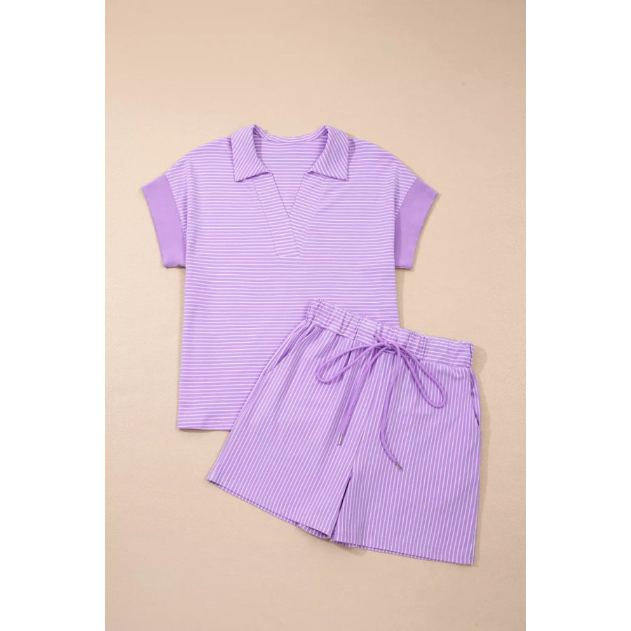 Stripe Dolman Sleeve Polo Shirt and Drawstring Shorts Set Apparel and Accessories