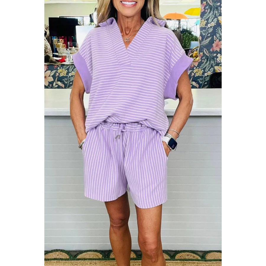 Stripe Dolman Sleeve Polo Shirt and Drawstring Shorts Set Apparel and Accessories