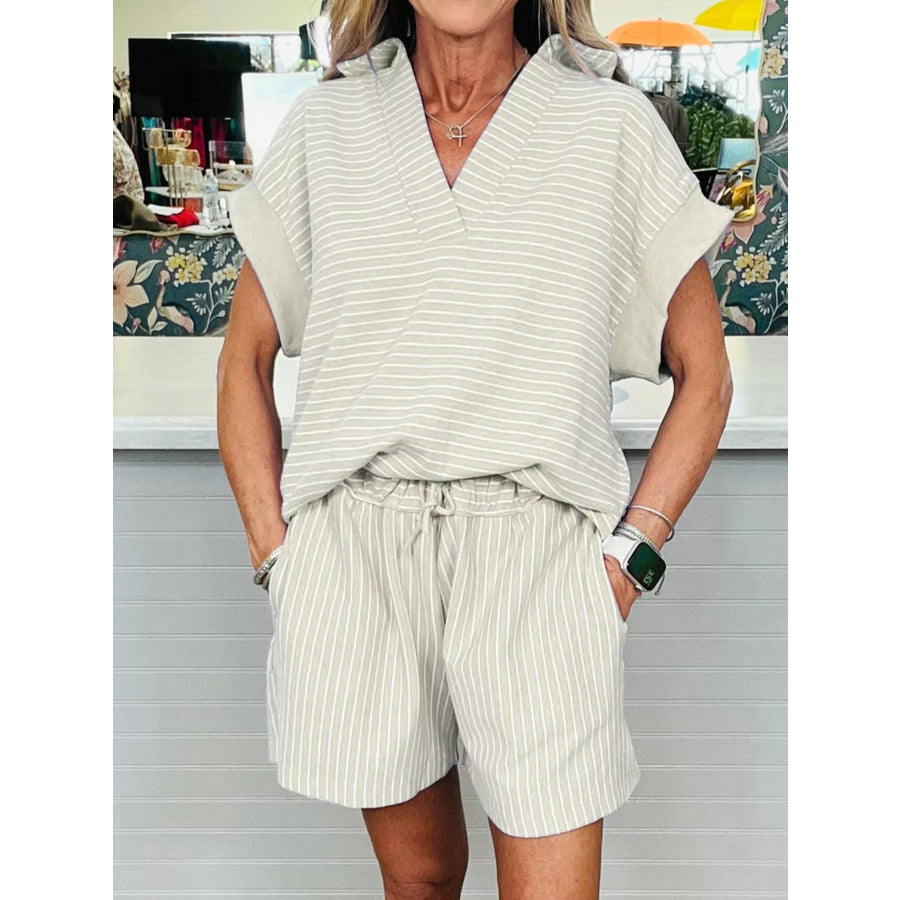 Stripe Dolman Sleeve Polo Shirt and Drawstring Shorts Set Beige / S Apparel and Accessories