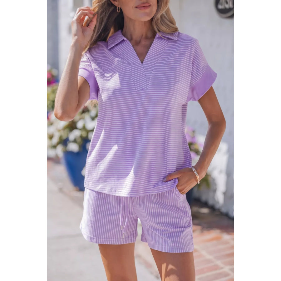 Stripe Dolman Sleeve Polo Shirt and Drawstring Shorts Set Lilac / S Apparel and Accessories