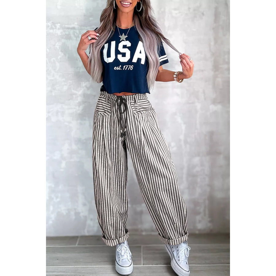 Stripe Drawstring Casual Loose Pants Apparel and Accessories