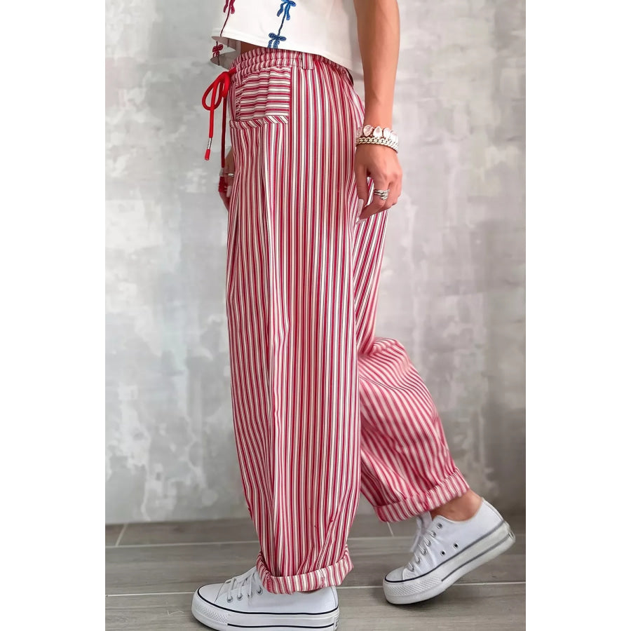 Stripe Drawstring Casual Loose Pants Dusty Pink / 4 Apparel and Accessories