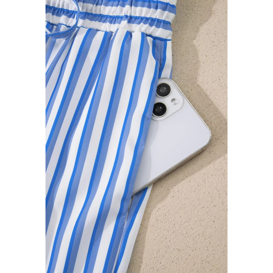 Stripe Drawstring Elastic Waist Patch Pocket Wide Leg Ankle-length Pants Apparel and Accessories