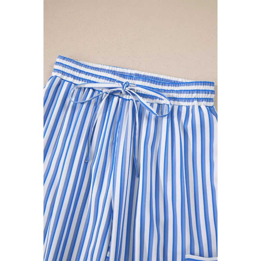Stripe Drawstring Elastic Waist Patch Pocket Wide Leg Ankle-length Pants Apparel and Accessories