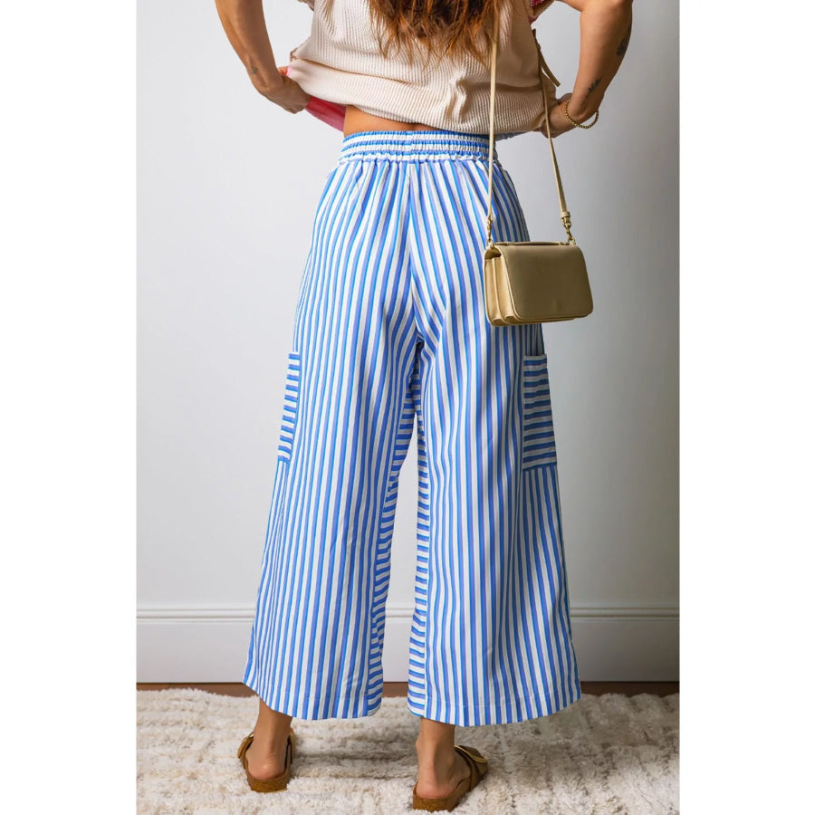 Stripe Drawstring Elastic Waist Patch Pocket Wide Leg Ankle-length Pants Apparel and Accessories
