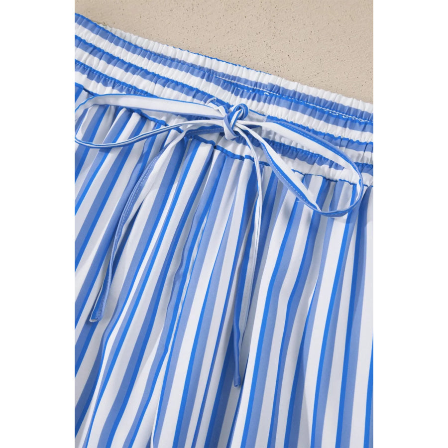 Stripe Drawstring Elastic Waist Patch Pocket Wide Leg Ankle-length Pants Apparel and Accessories