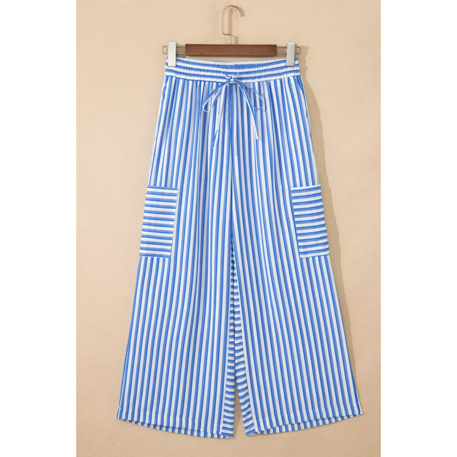 Stripe Drawstring Elastic Waist Patch Pocket Wide Leg Ankle-length Pants Apparel and Accessories