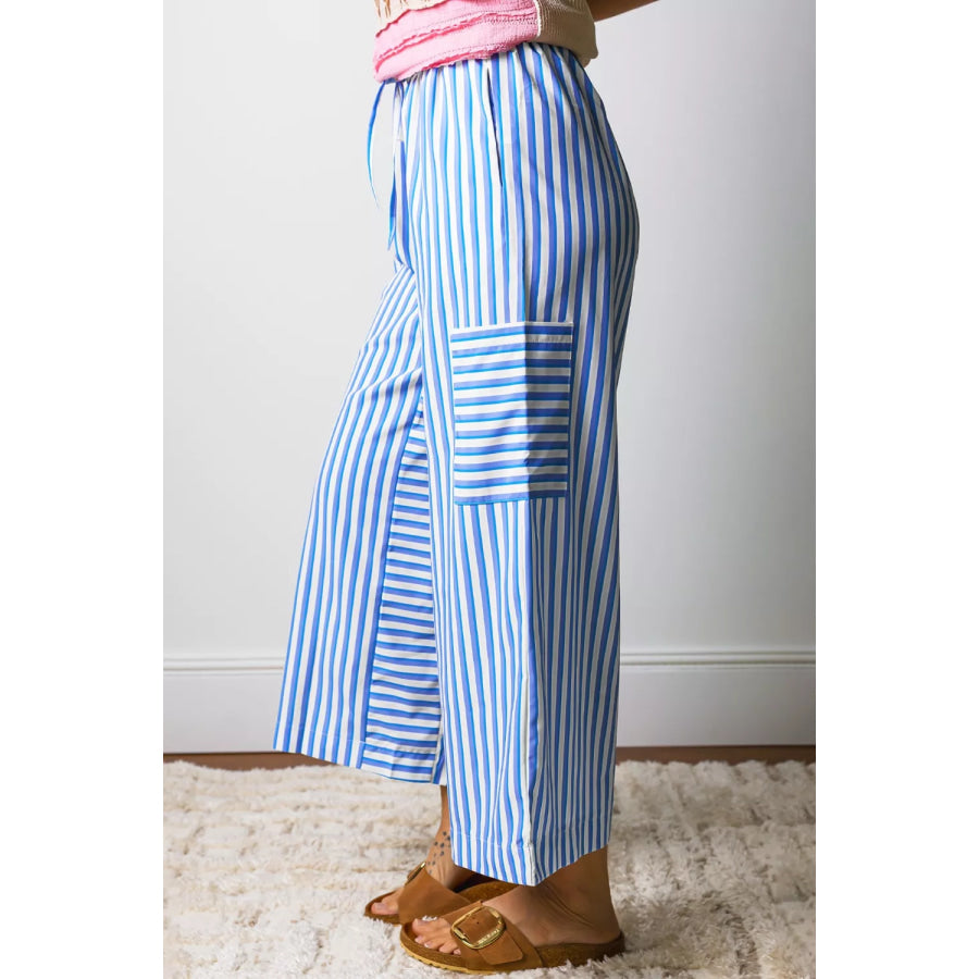 Stripe Drawstring Elastic Waist Patch Pocket Wide Leg Ankle-length Pants Apparel and Accessories