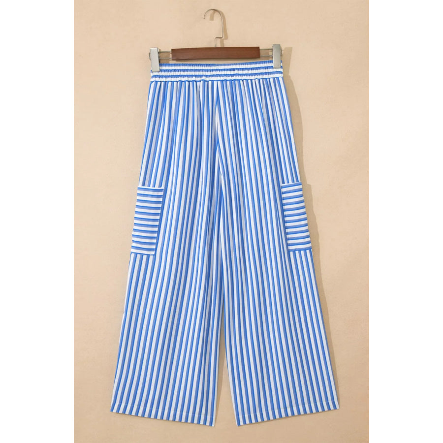 Stripe Drawstring Elastic Waist Patch Pocket Wide Leg Ankle-length Pants Apparel and Accessories