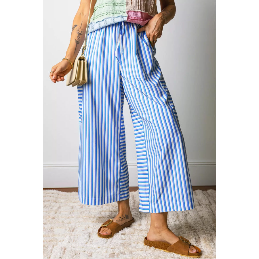 Stripe Drawstring Elastic Waist Patch Pocket Wide Leg Ankle-length Pants Light Blue / S Apparel and Accessories