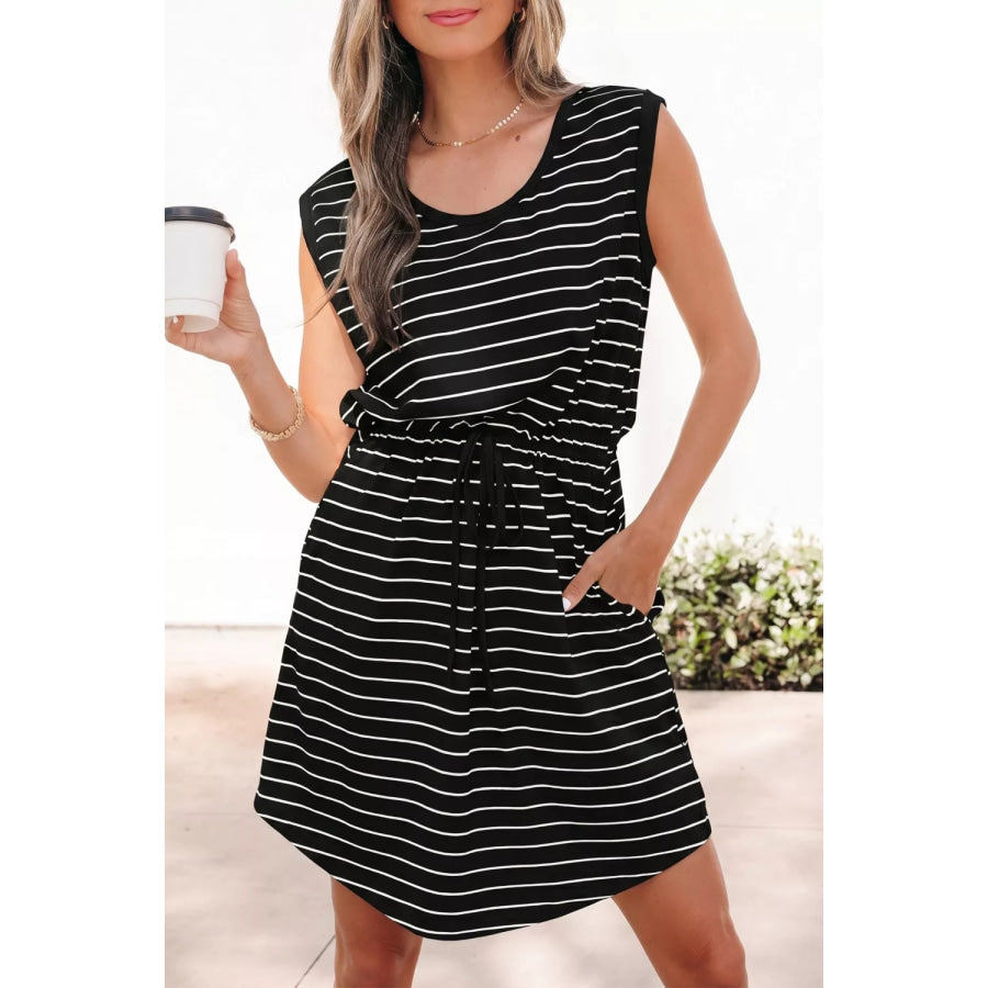 Stripe Drawstring Tunic Tank Mini Dress with Pockets Black / S Apparel and Accessories