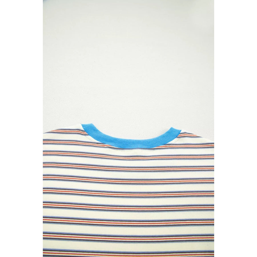 Stripe Drop Shoulder Cuffed Sleeve Loose Tunic T Shirt Mini Dress Apparel and Accessories