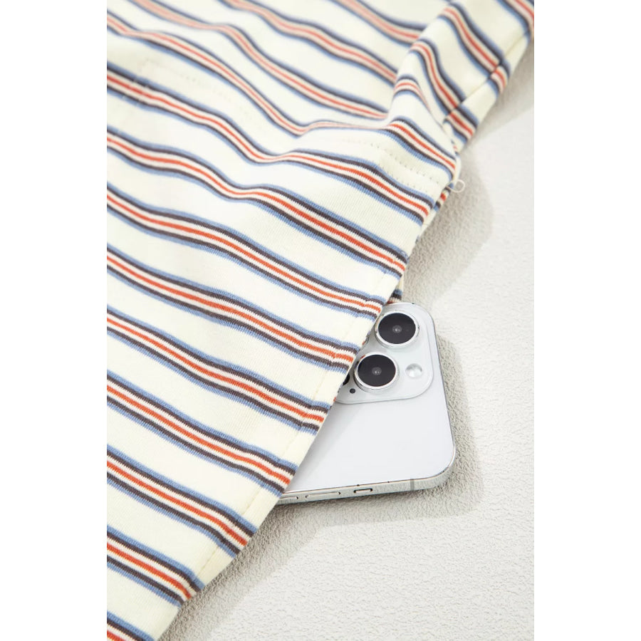 Stripe Drop Shoulder Cuffed Sleeve Loose Tunic T Shirt Mini Dress Apparel and Accessories