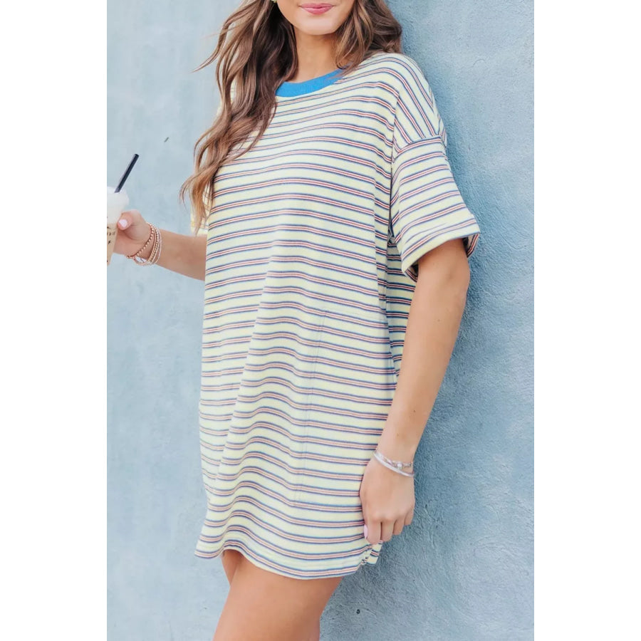 Stripe Drop Shoulder Cuffed Sleeve Loose Tunic T Shirt Mini Dress Apparel and Accessories