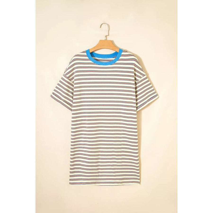 Stripe Drop Shoulder Cuffed Sleeve Loose Tunic T Shirt Mini Dress Apparel and Accessories