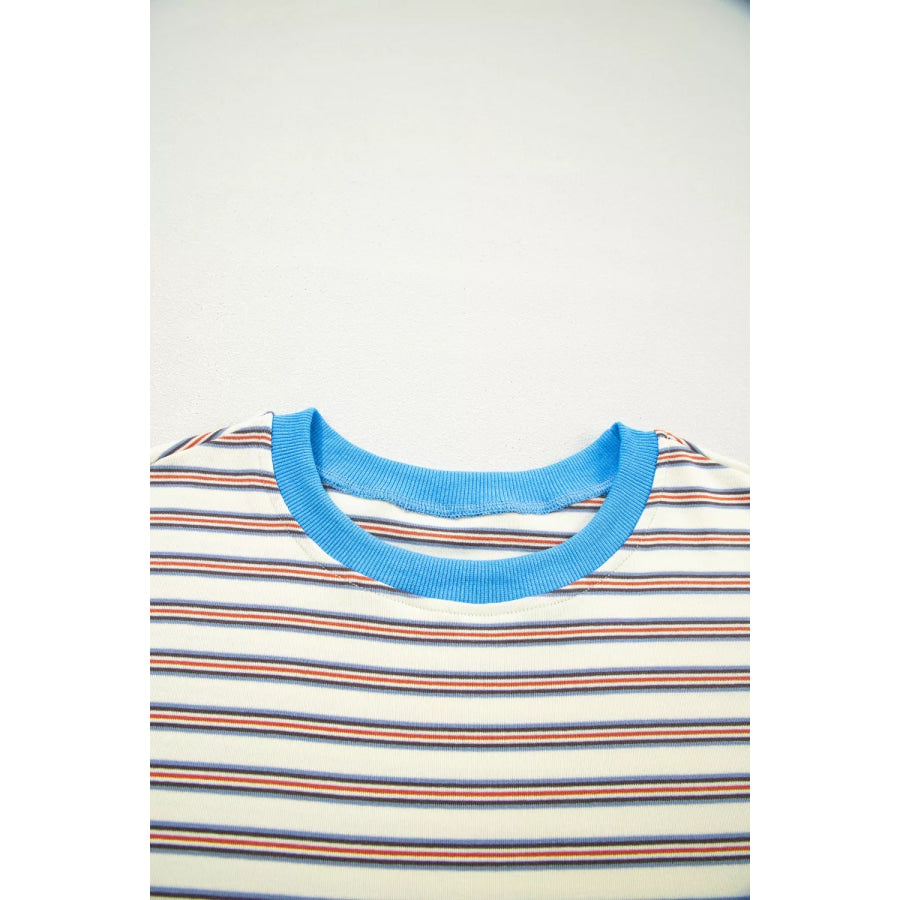 Stripe Drop Shoulder Cuffed Sleeve Loose Tunic T Shirt Mini Dress Apparel and Accessories