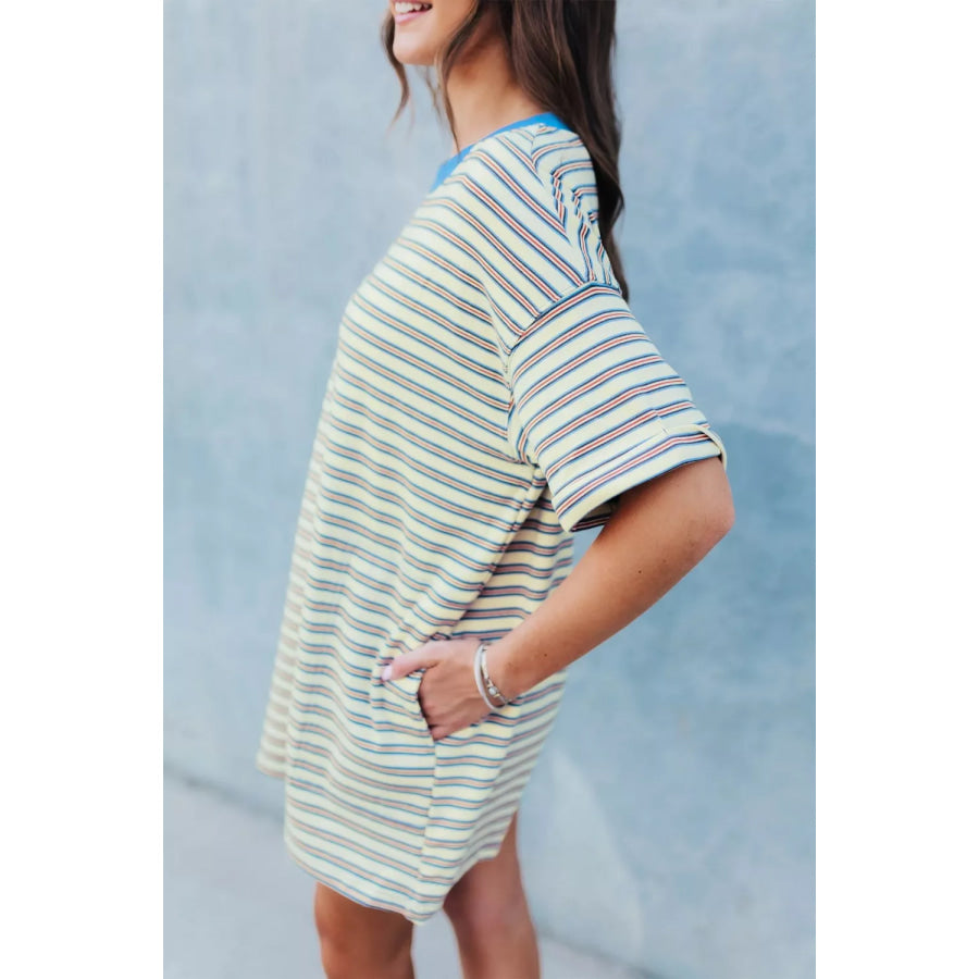 Stripe Drop Shoulder Cuffed Sleeve Loose Tunic T Shirt Mini Dress Apparel and Accessories