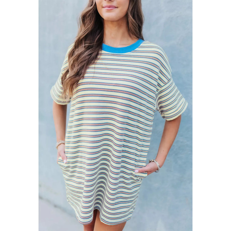 Stripe Drop Shoulder Cuffed Sleeve Loose Tunic T Shirt Mini Dress Stripe / S Apparel and Accessories