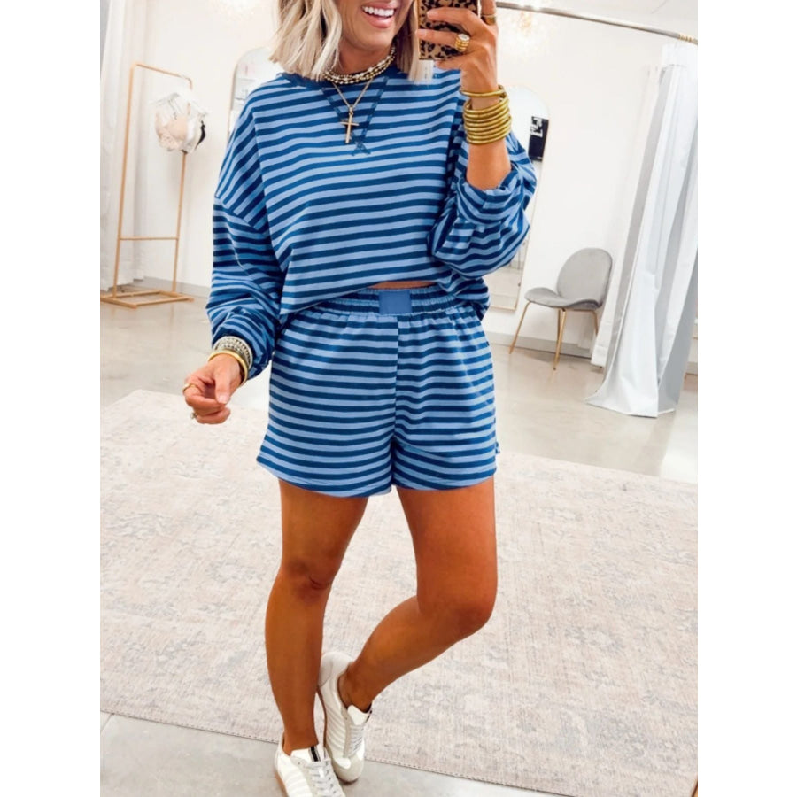 Stripe Drop Shoulder Long Sleeve Pullover Elastic Waist Casual Short Set Apparel and Accessories