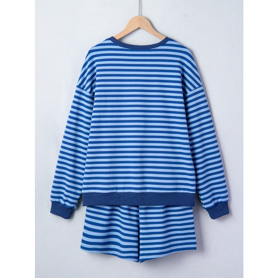 Stripe Drop Shoulder Long Sleeve Pullover Elastic Waist Casual Short Set Apparel and Accessories