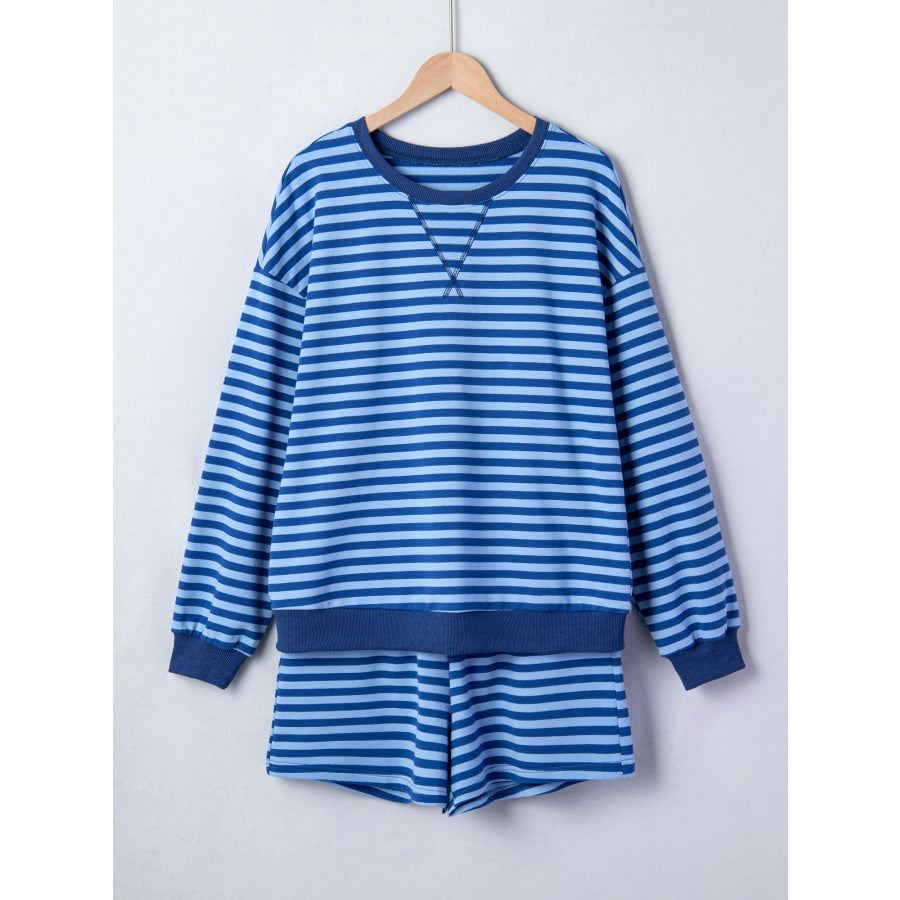 Stripe Drop Shoulder Long Sleeve Pullover Elastic Waist Casual Short Set Apparel and Accessories