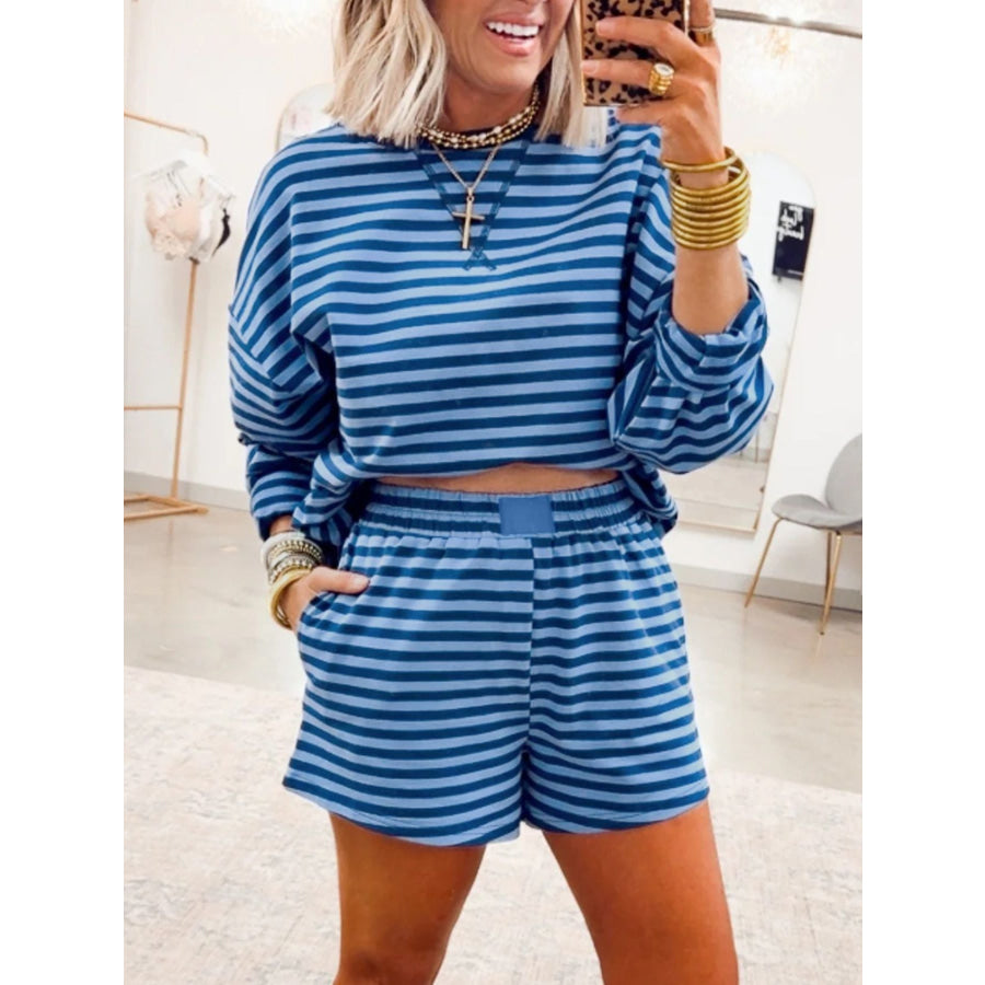 Stripe Drop Shoulder Long Sleeve Pullover Elastic Waist Casual Short Set Dusty Blue / S Apparel and Accessories