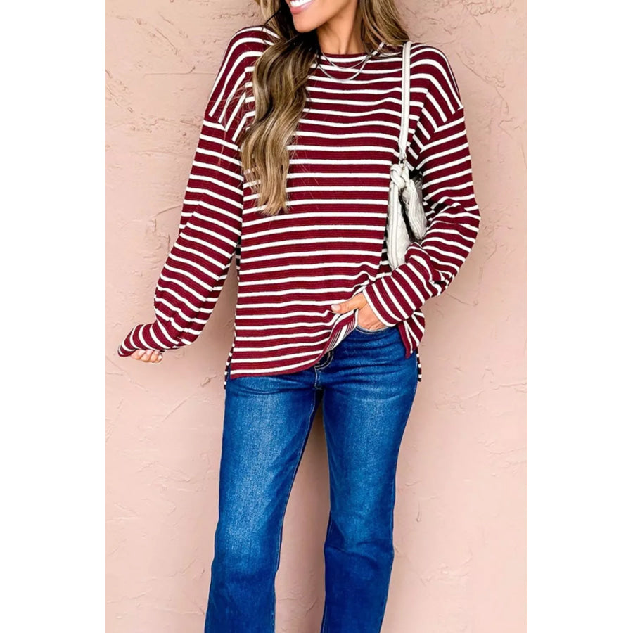 Stripe Drop Shoulder Long Sleeve Top Apparel and Accessories