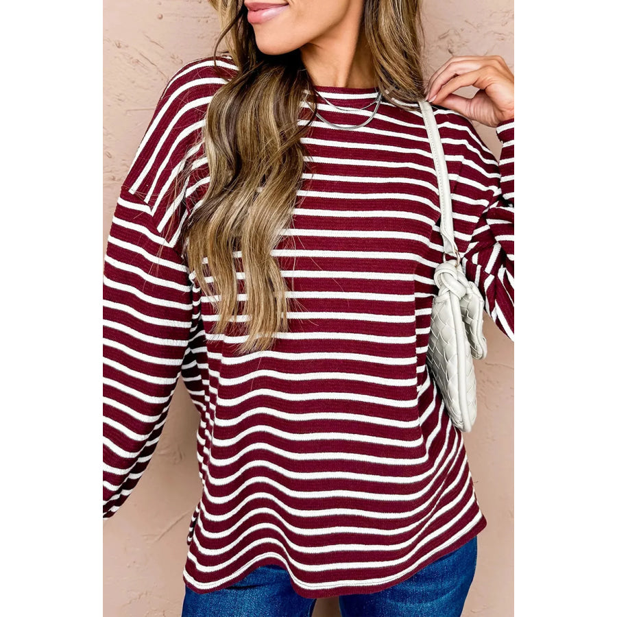 Stripe Drop Shoulder Long Sleeve Top Burgundy / S Apparel and Accessories