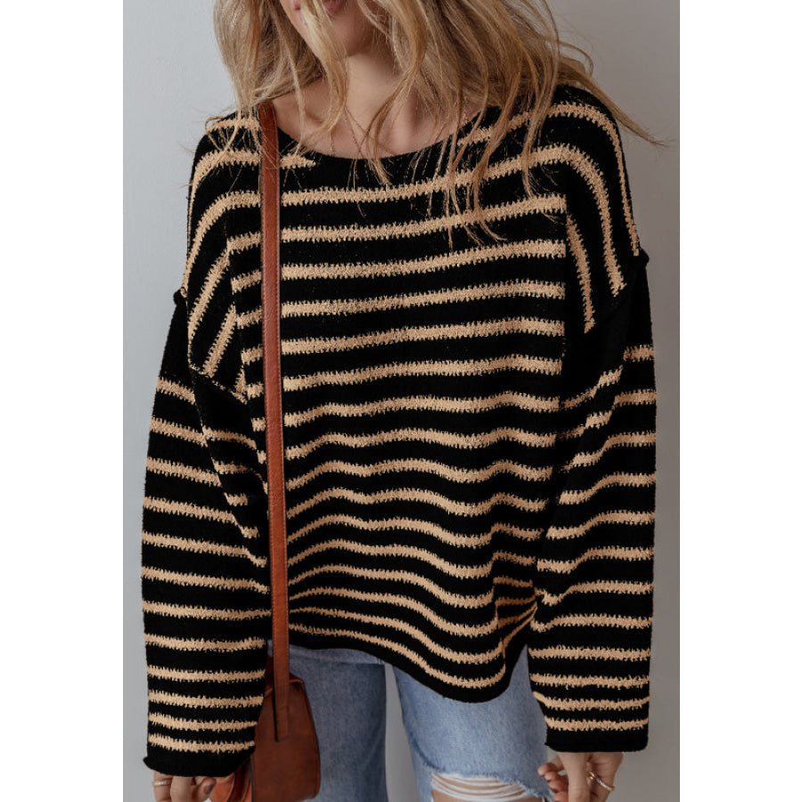 Stripe Drop Shoulder Round Neck Sweater Apparel and Accessories