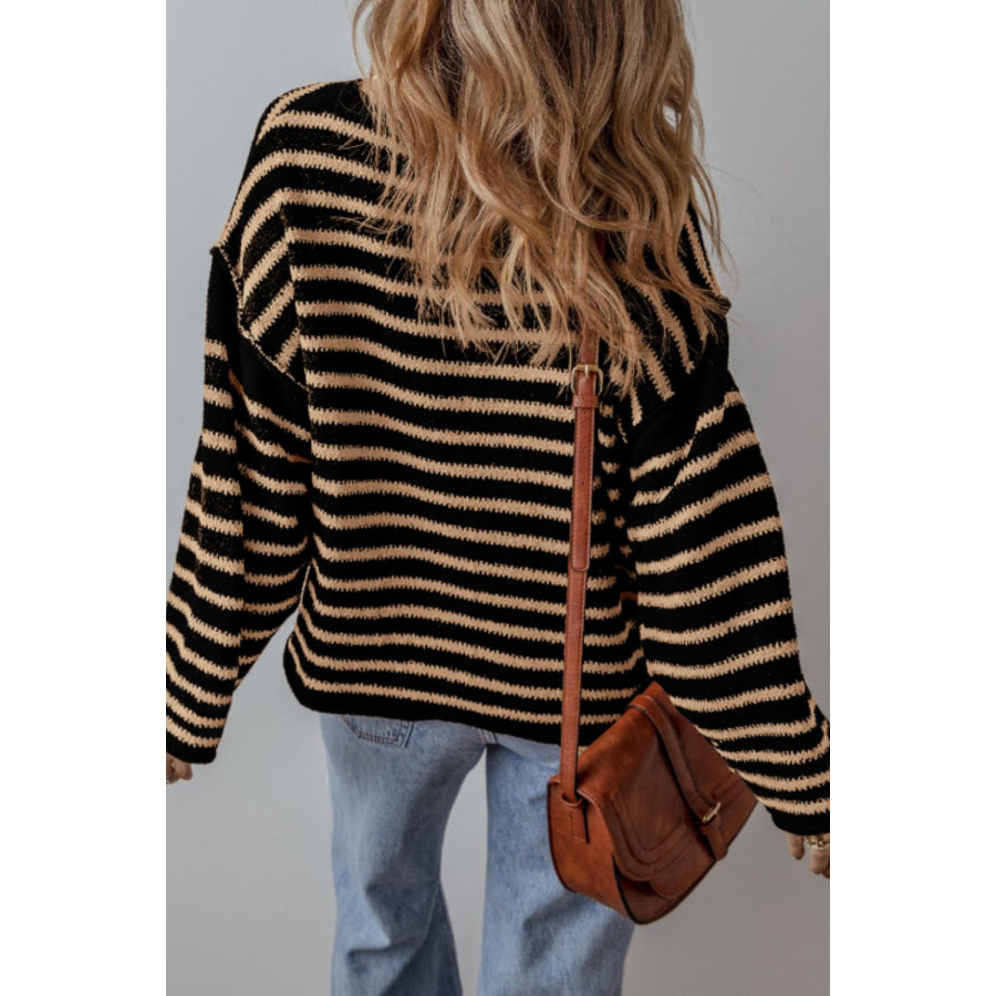 Stripe Drop Shoulder Round Neck Sweater Apparel and Accessories