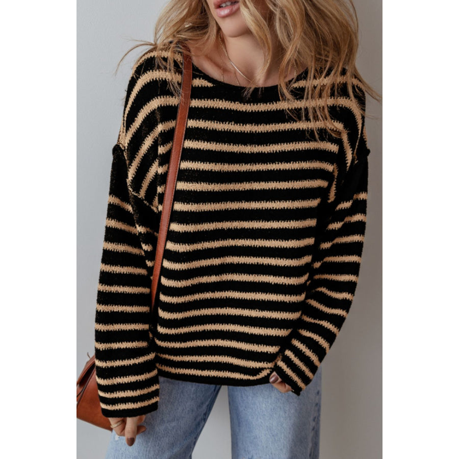 Stripe Drop Shoulder Round Neck Sweater Black / S Apparel and Accessories