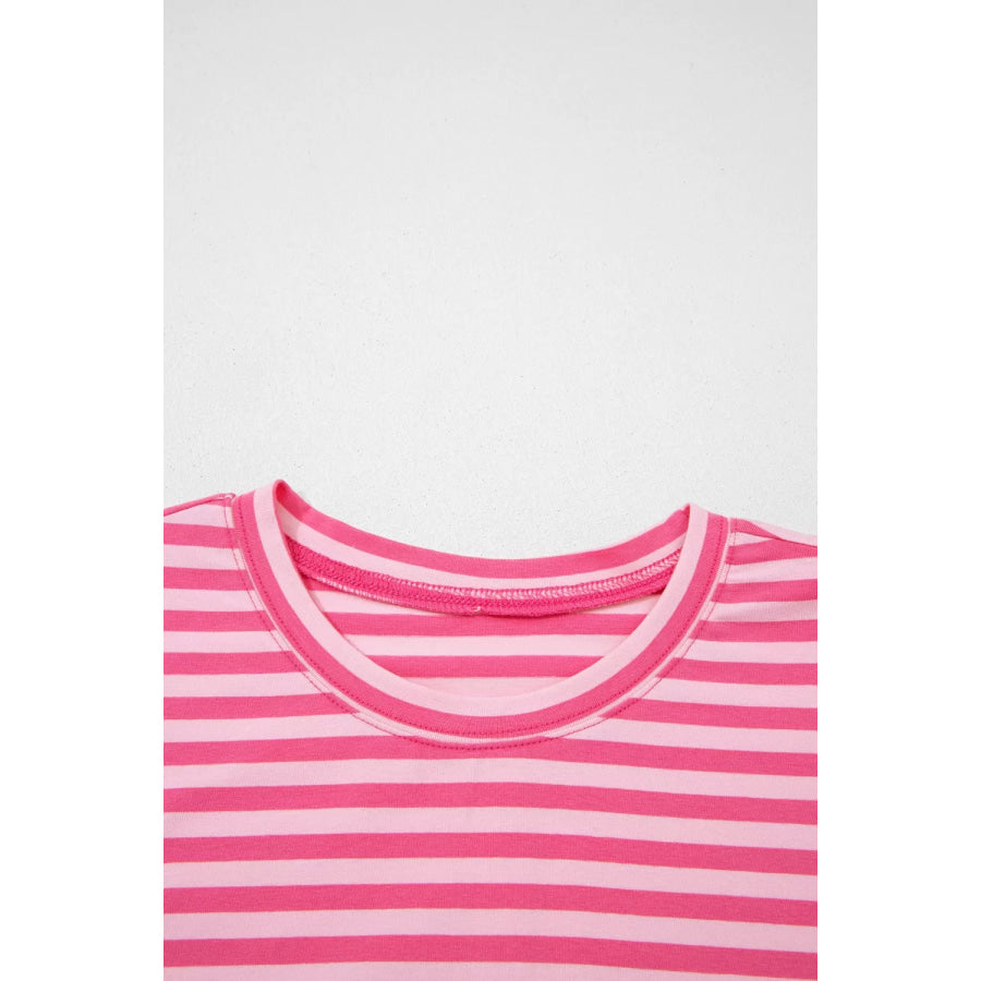 Stripe Drop Shoulder Round Neck Top and Buttoned Straight Pants Two Piece Set Apparel and Accessories